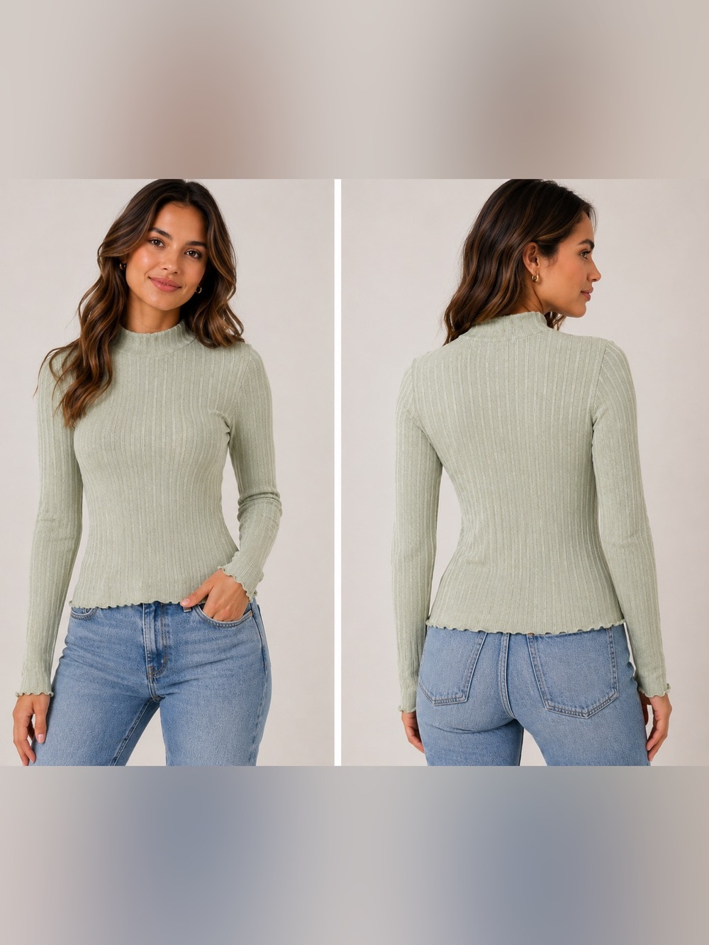 Lefties | Lettuce Edge Mocked Neck Ribbed Long Sleeve Top